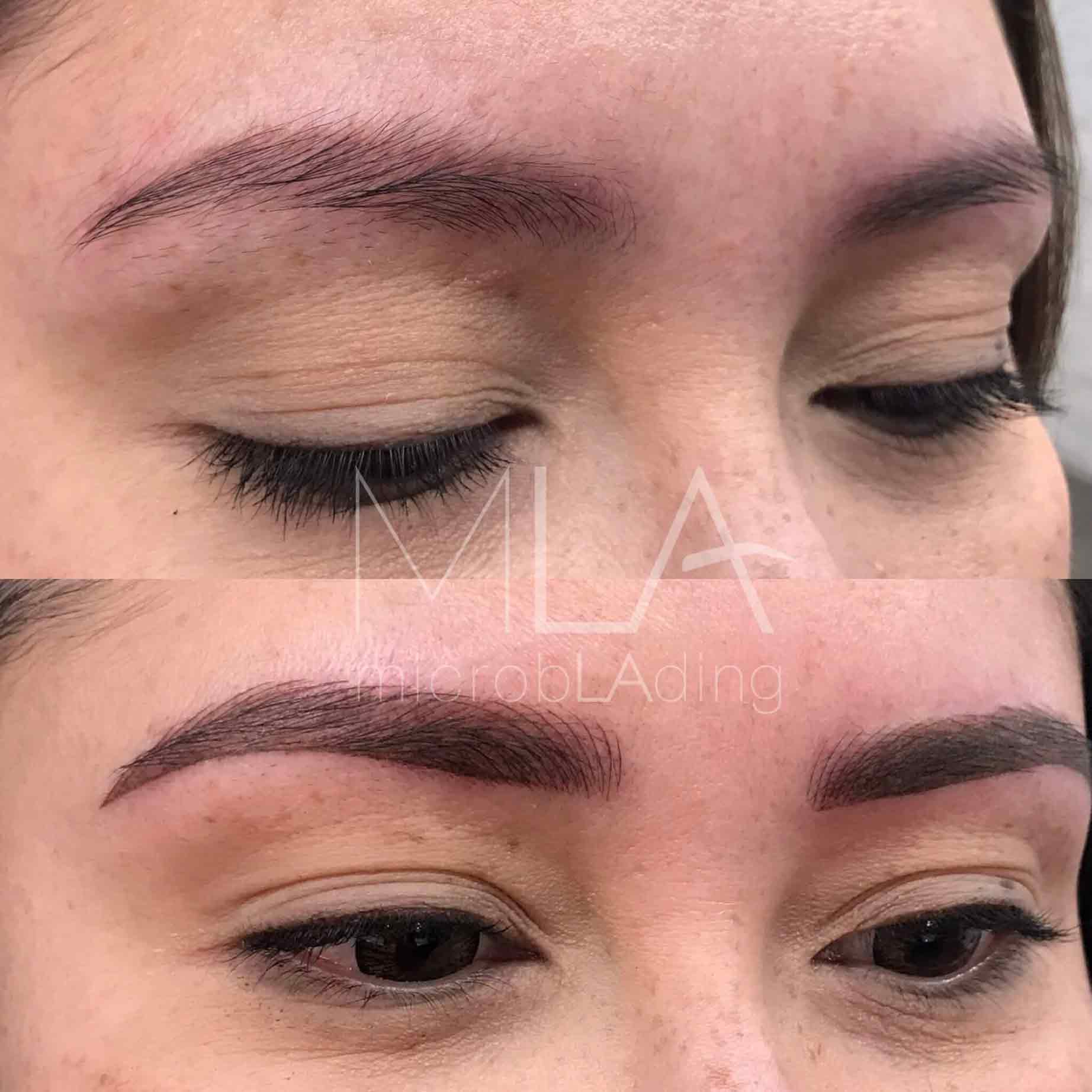 Example of microblading results showing stroke detail on oily skin