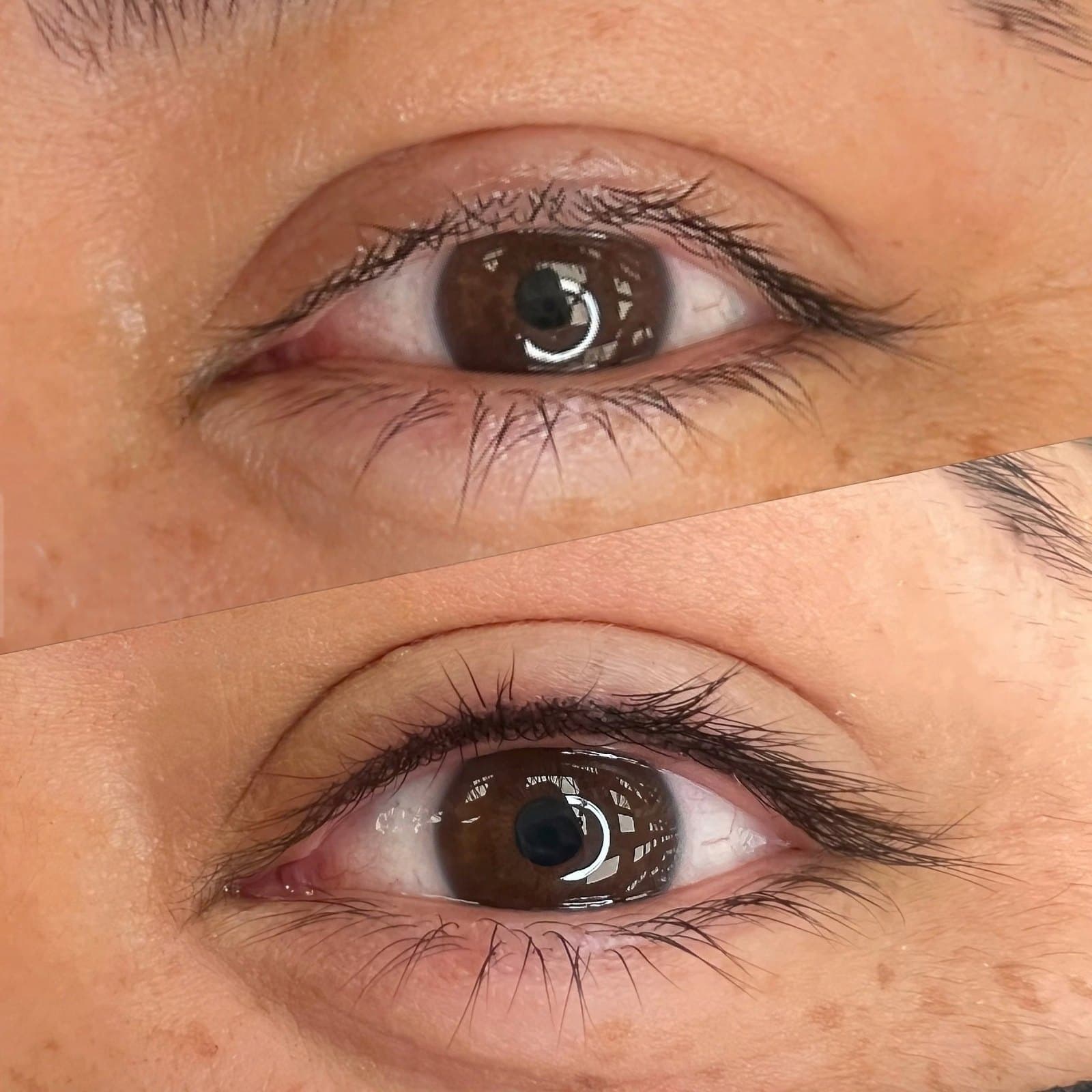 Permanent eyeliner before and after — bare lash line on top, defined lash line below