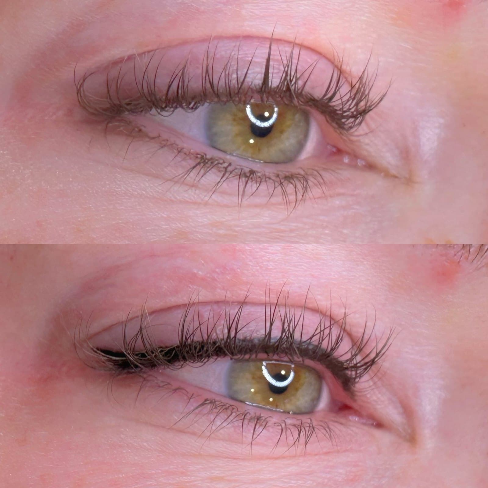Permanent eyeliner before and after — fair, light lashes on top, defined lash line below