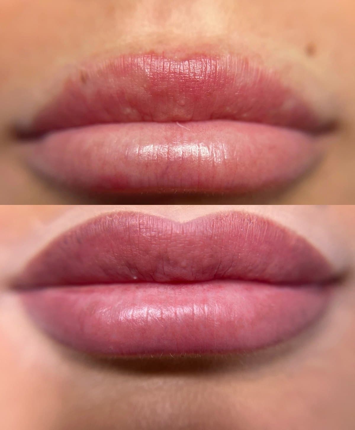 Lip blush before and healed — faded lip line on top, defined, even healed lips below