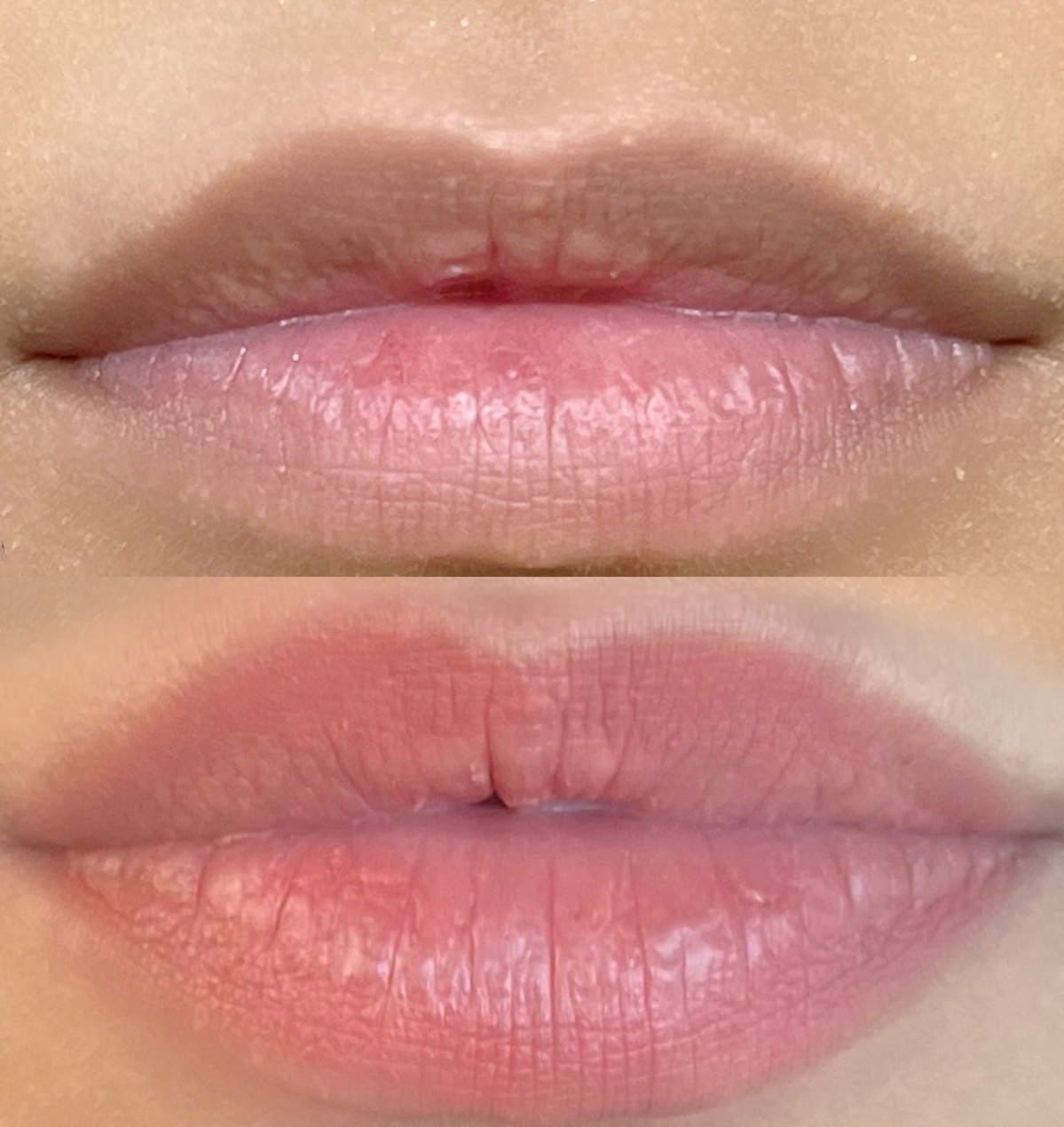 Lip blush before and healed — pale natural lips on top, soft rosy healed color below