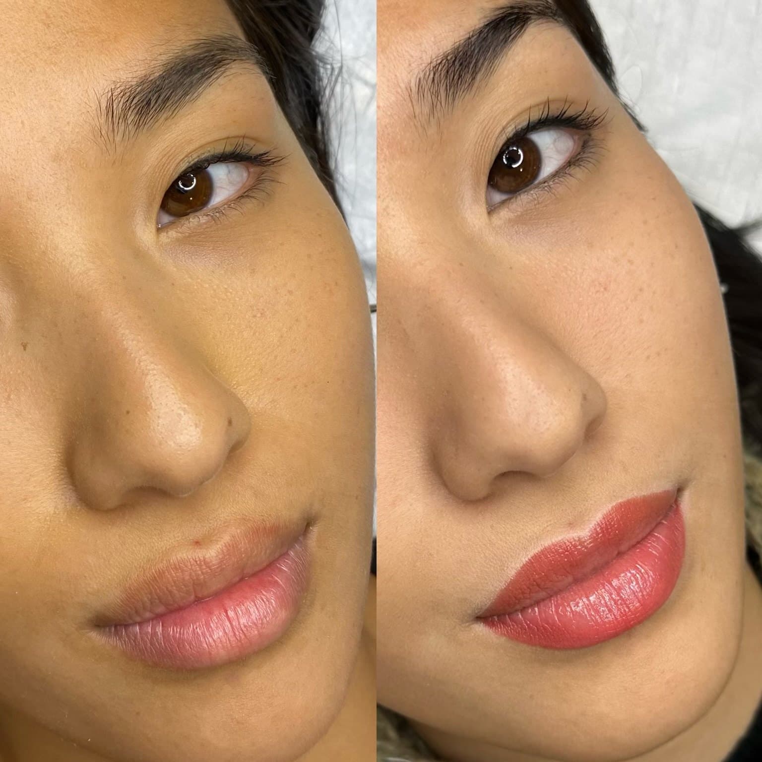 Lip blush before and after — natural lips on the left, full color on the right