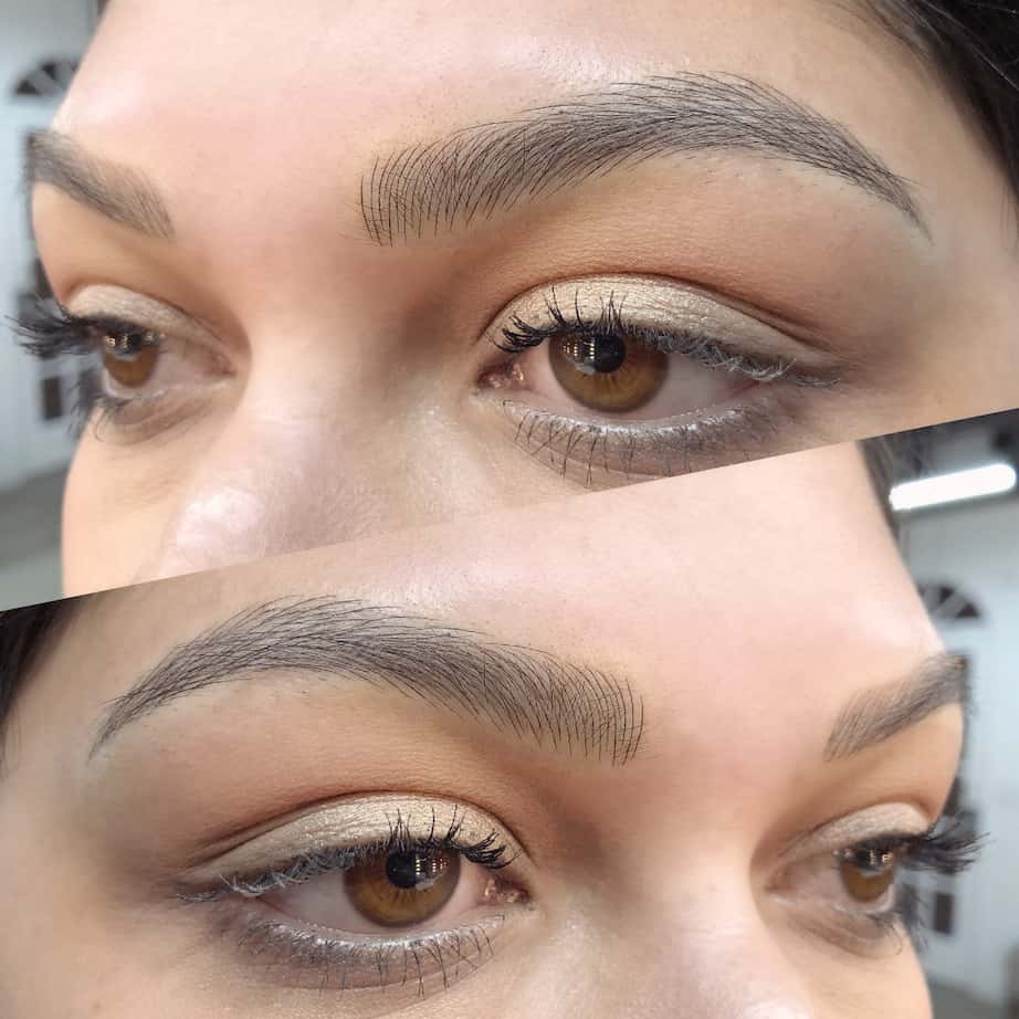 Powder Brows by Microblading LA: two close-up angles of soft arched, ash brown brows with feathered fronts