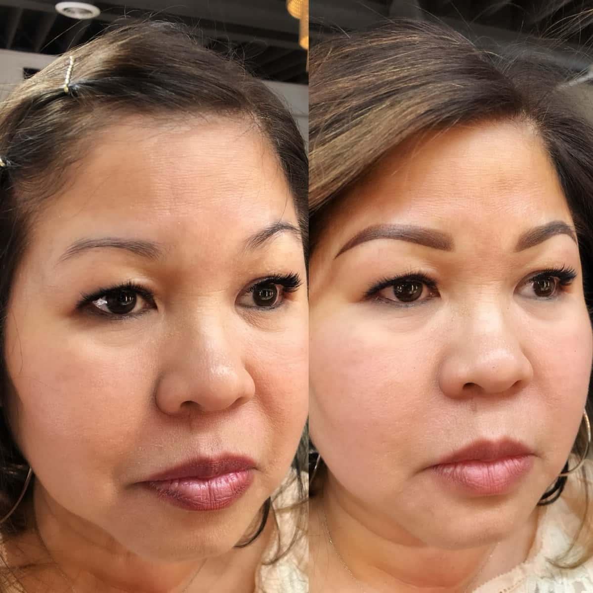 Powder brows before and after: short, faint brows shaded into soft brown ombre brows with a lifted arch, Microblading LA