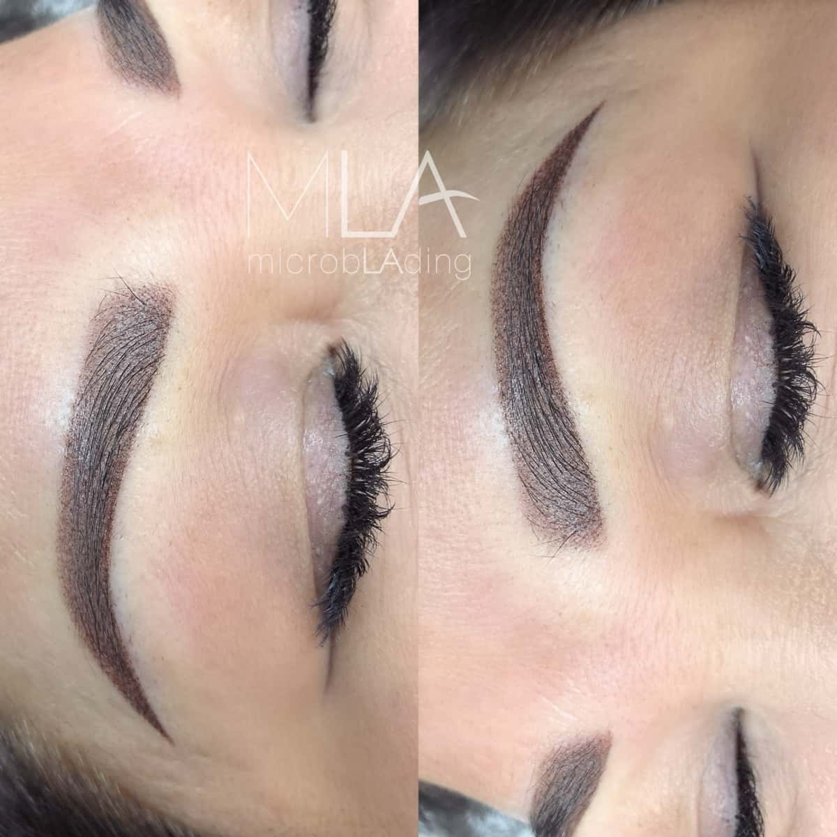 Soft powder brows results in two close-ups, eyes closed: dark brown ombre shading, crisp edges, Microblading LA, Los Angeles