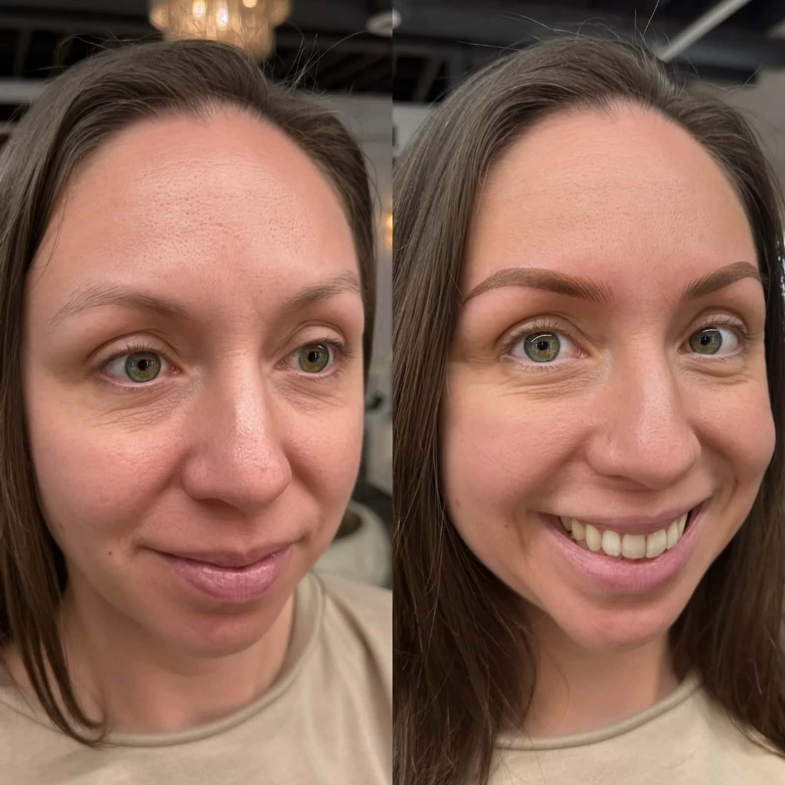 Nano Brows before and after at Microblading LA: sparse, faint brows become fuller, soft-arched medium brown brows