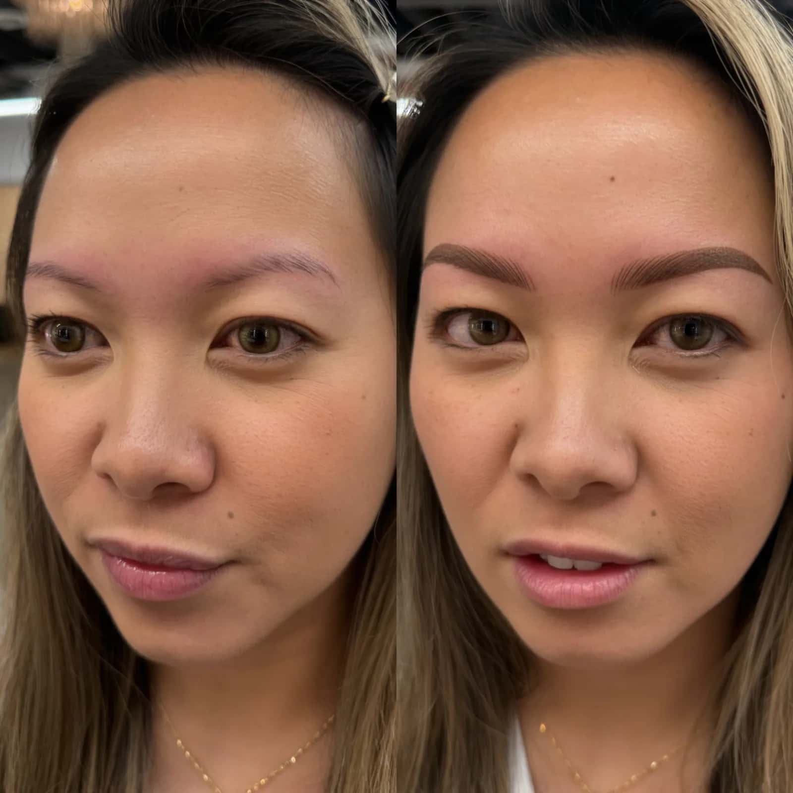 Nano brows before and after at Microblading LA: sparse, faint brows filled into full, soft-arched medium brown brows