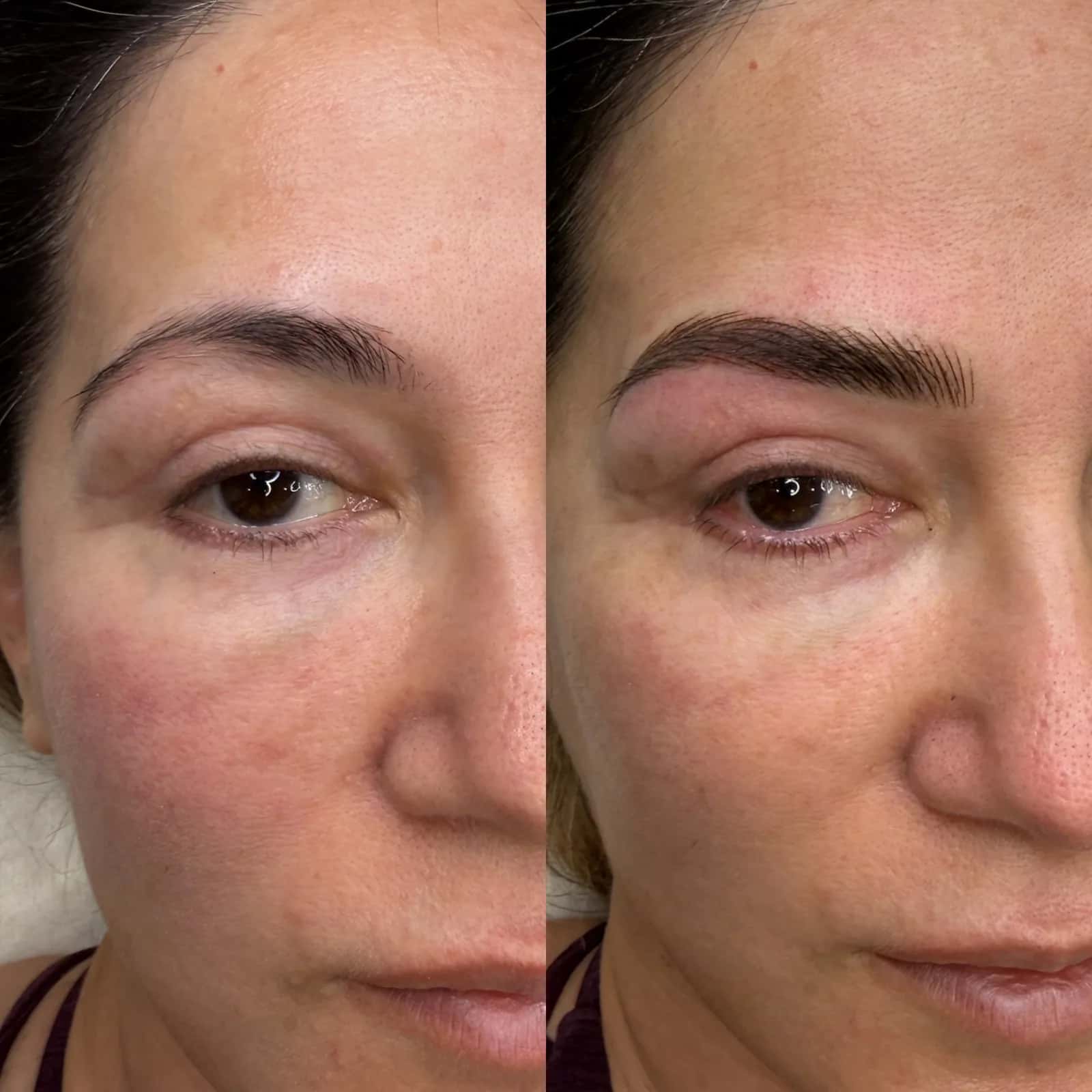 Nano Brows before and after at Microblading LA: sparse brow made fuller with soft arch and fine dark brown hair strokes