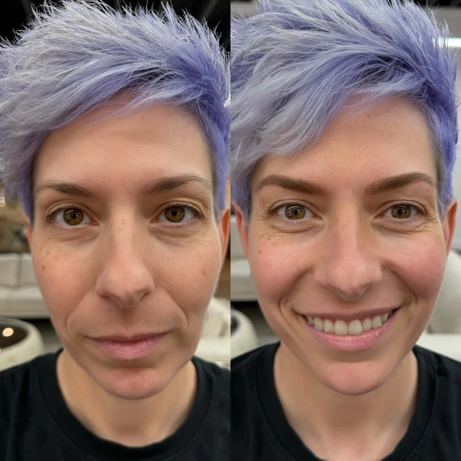 Nano Brows before and after at Microblading LA: sparse light brows become fuller, softly arched medium brown brows