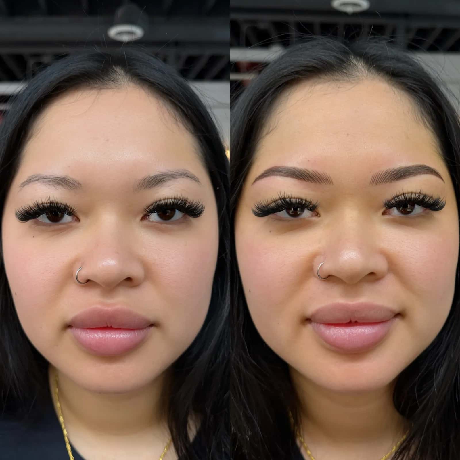 Nano Brows before and after at Microblading LA: sparse, thin brows become fuller, softly arched dark brown brows