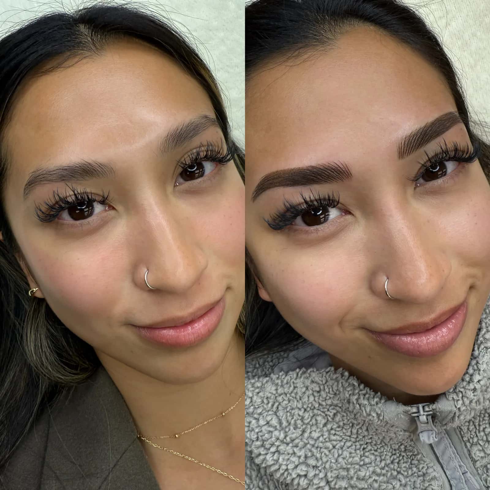 Nano Brows before and after at Microblading LA: sparse brows become fuller, softly arched dark brown brows with hair strokes