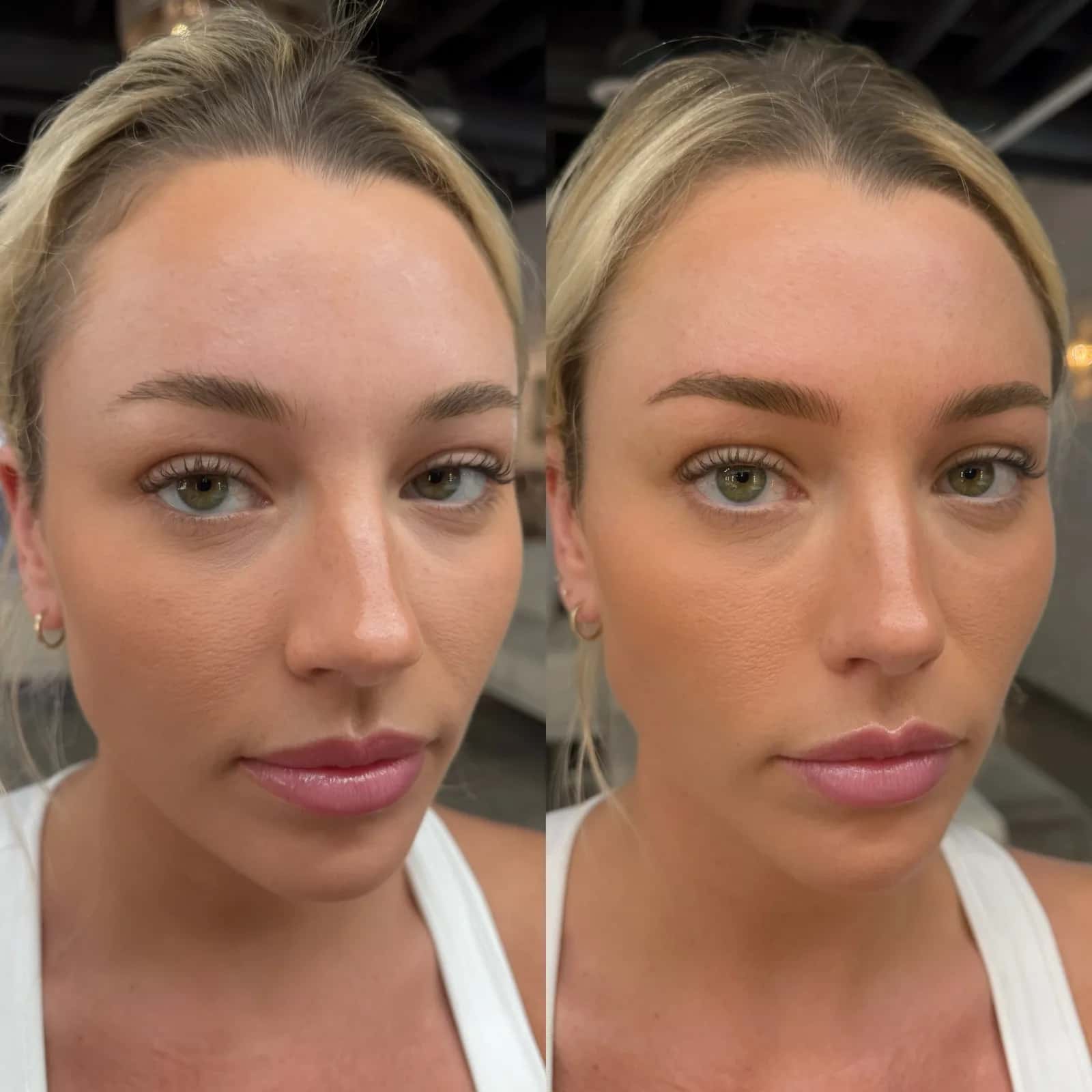 Nano Brows before and after at Microblading LA: sparse light brows become fuller, soft-arched medium brown brows