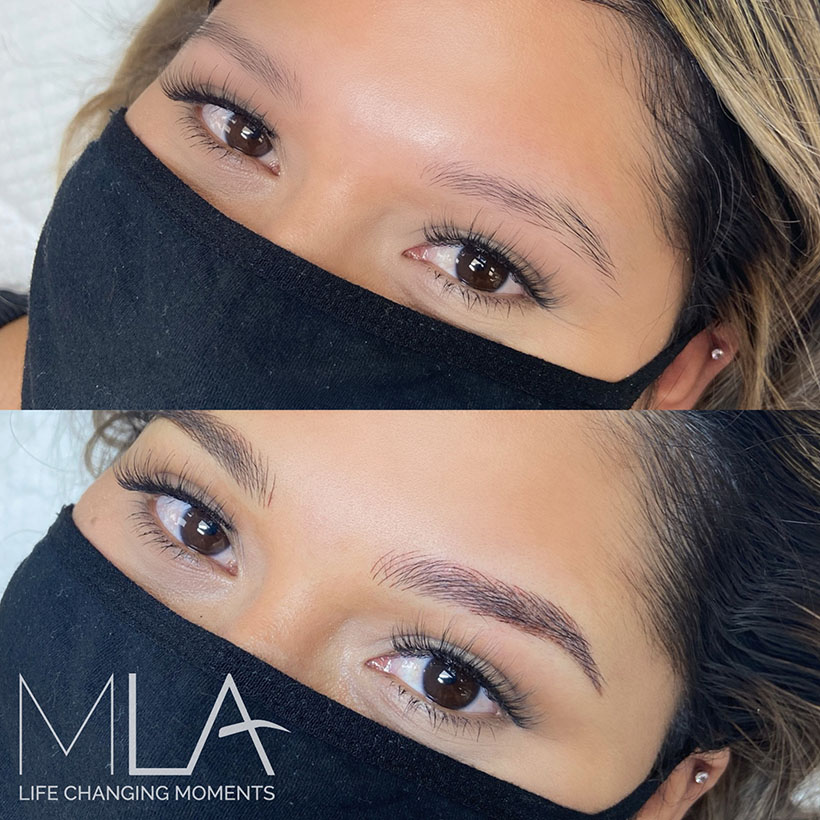 Nano brows before and after, eye close-ups: thin, faint brows filled in with feathered brown hair strokes, Microblading LA