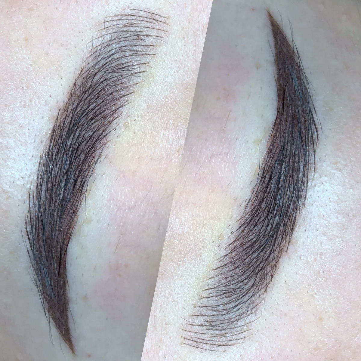 Combination brows detail, both brows side by side: crisp dark brown strokes over a denser shaded tail, Microblading LA