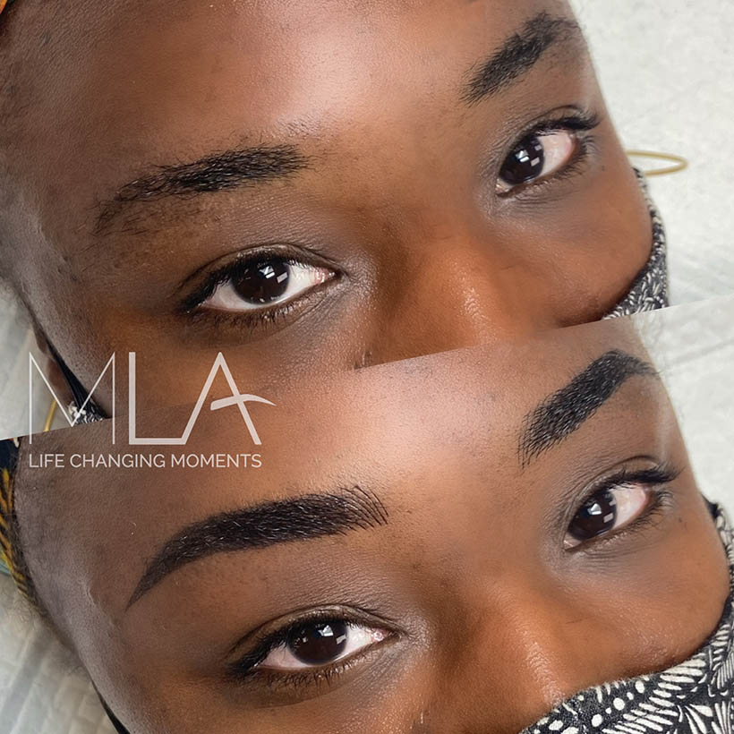 Nano brows before and after on deeper skin: thin, short brows made full with black strokes and a sharp tail, Microblading LA