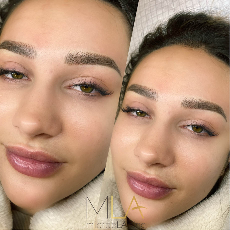 Nano brows results on a woman with green eyes: soft ash brown hair strokes in a straight, lifted shape, Microblading LA