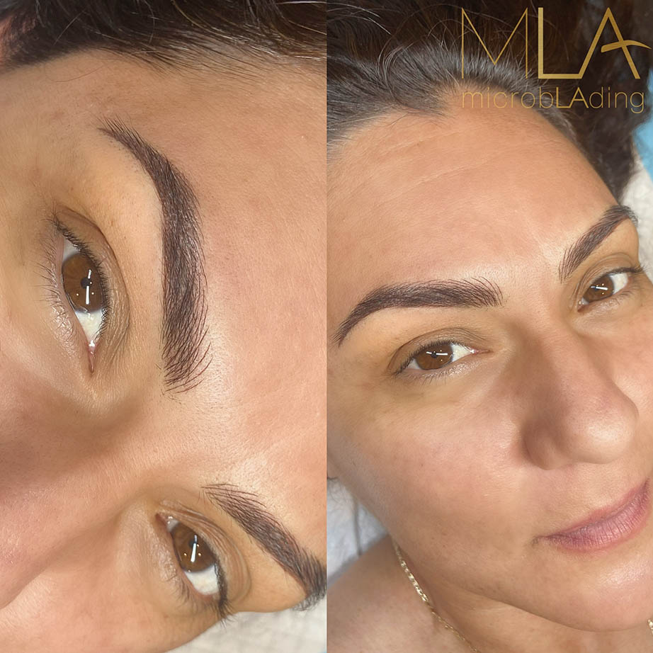 Nano brows results, close-up and three-quarter view: dark brown strokes with a defined arch, Microblading LA in Los Angeles
