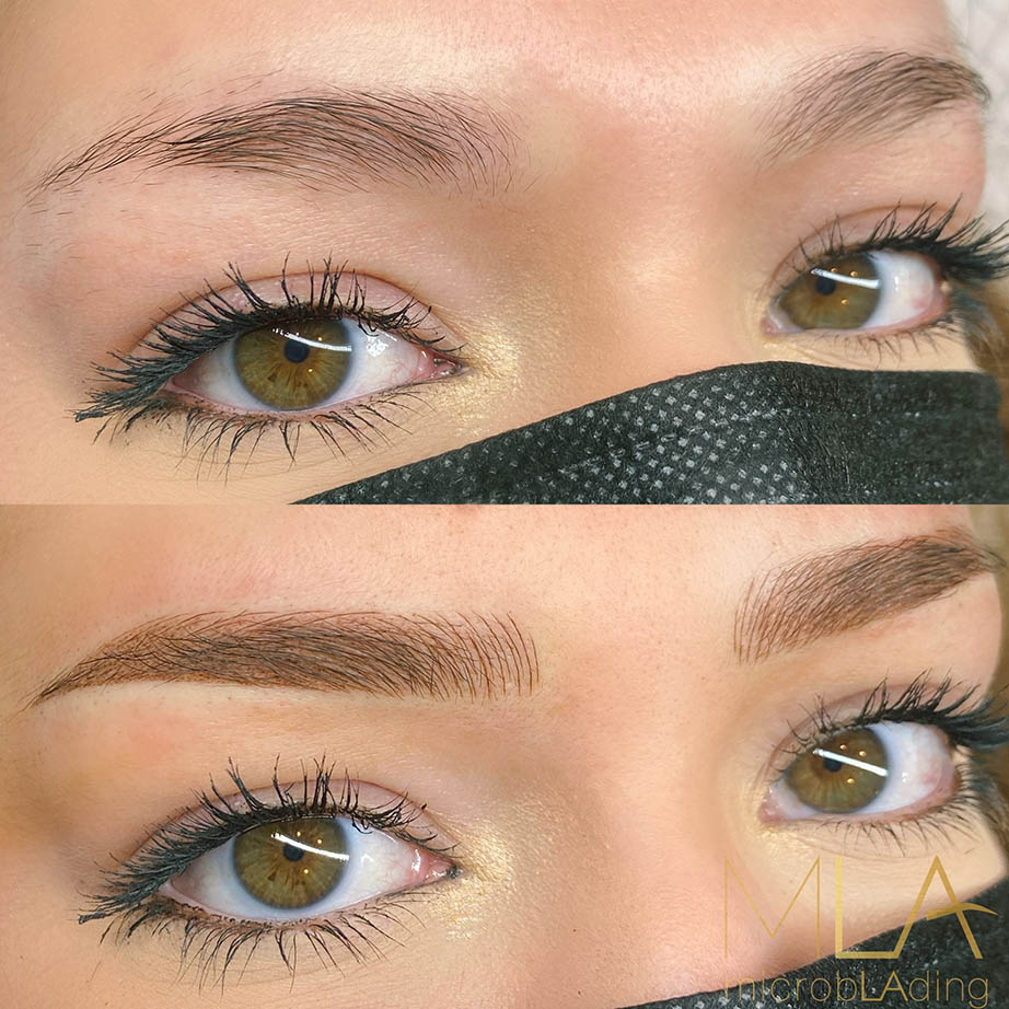Nano brows before and after with hazel eyes: light, thin brows made fuller and warmer with fine strokes, Microblading LA