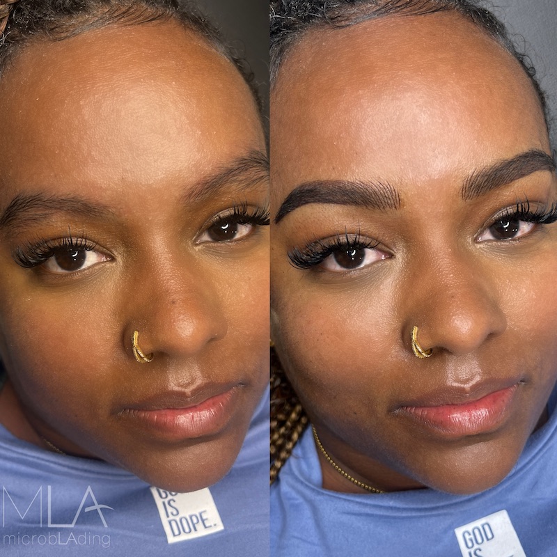 Nano brows before and after, deep skin tone: sparse brows now defined with dark brown hair strokes, Microblading LA