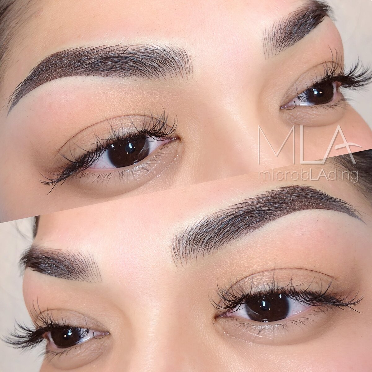 Nano brows results from two angles: dense dark brown hair strokes with a soft arch, at Microblading LA in Los Angeles