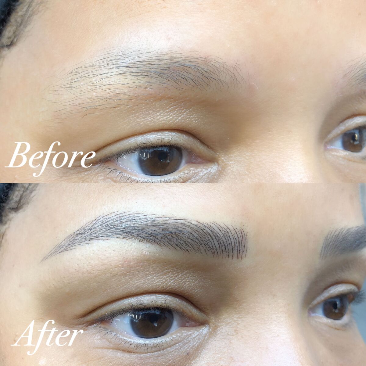Nano brows before and after, close-up of one brow: faint, wispy hairs filled in with defined dark strokes, Microblading LA