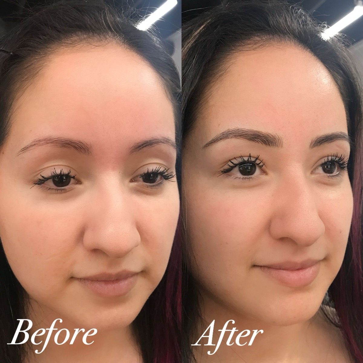 Nano brows before and after, full face: thin, faint brows made fuller with soft brown strokes, Microblading LA in Los Angeles