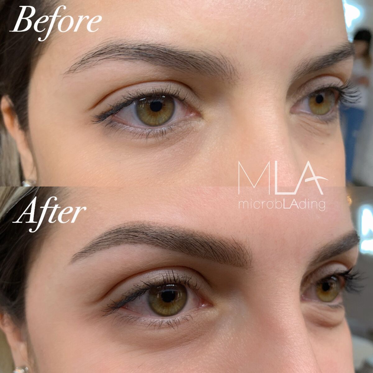 Nano brows before and after with hazel eyes: a thin, uneven brow turned into a fuller, softly arched shape, Microblading LA