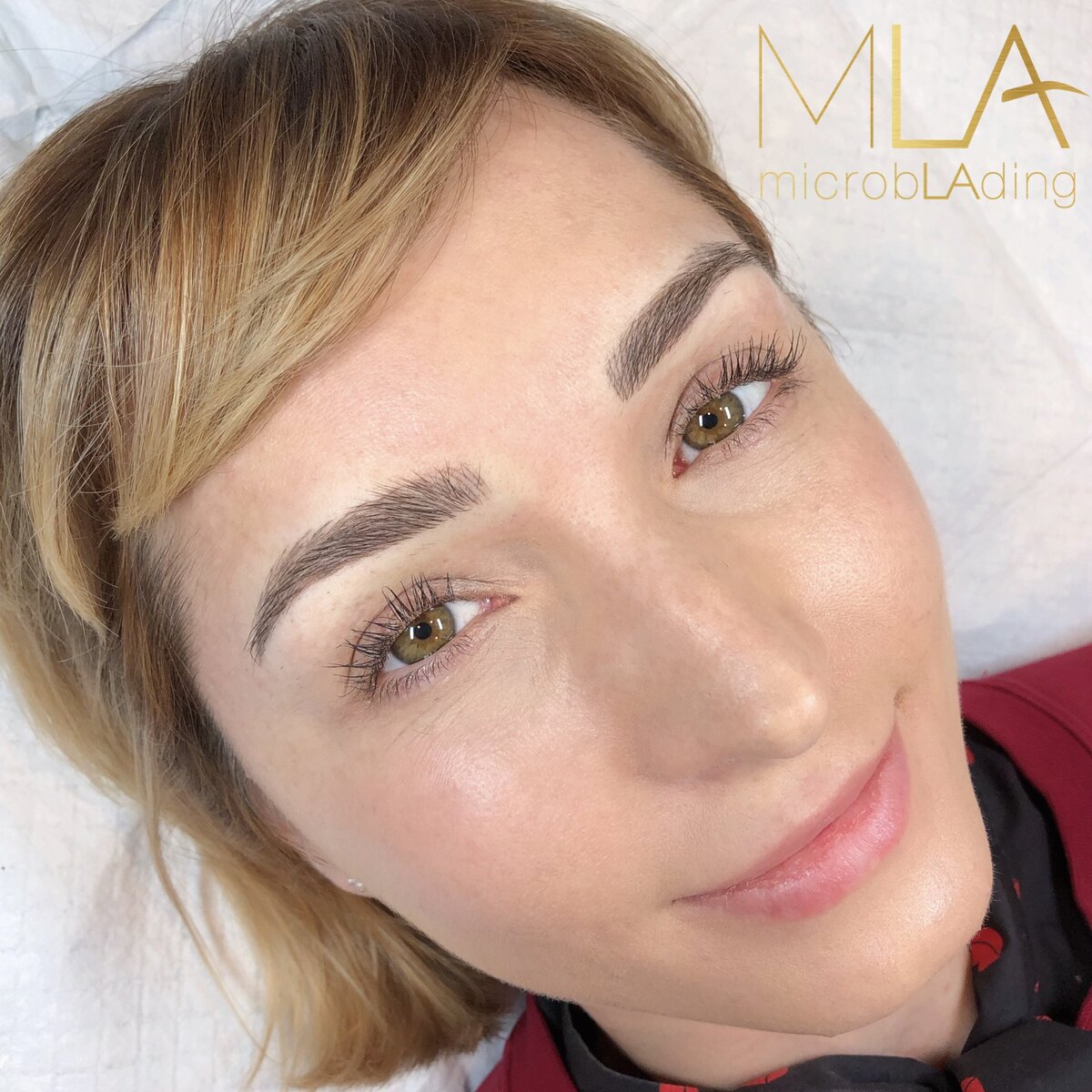 Nano brows results on a woman with short blonde hair: soft brown hair strokes with a gentle arch, Microblading LA