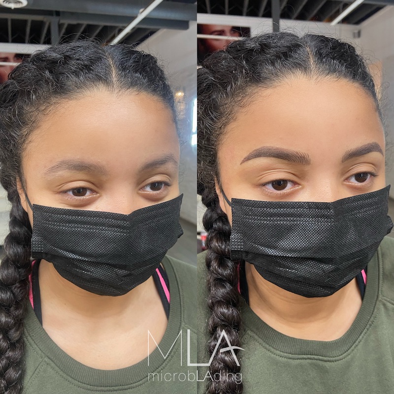 Nano brows before and after, client in a face mask: light, sparse brows now filled-in dark brown brows, Microblading LA