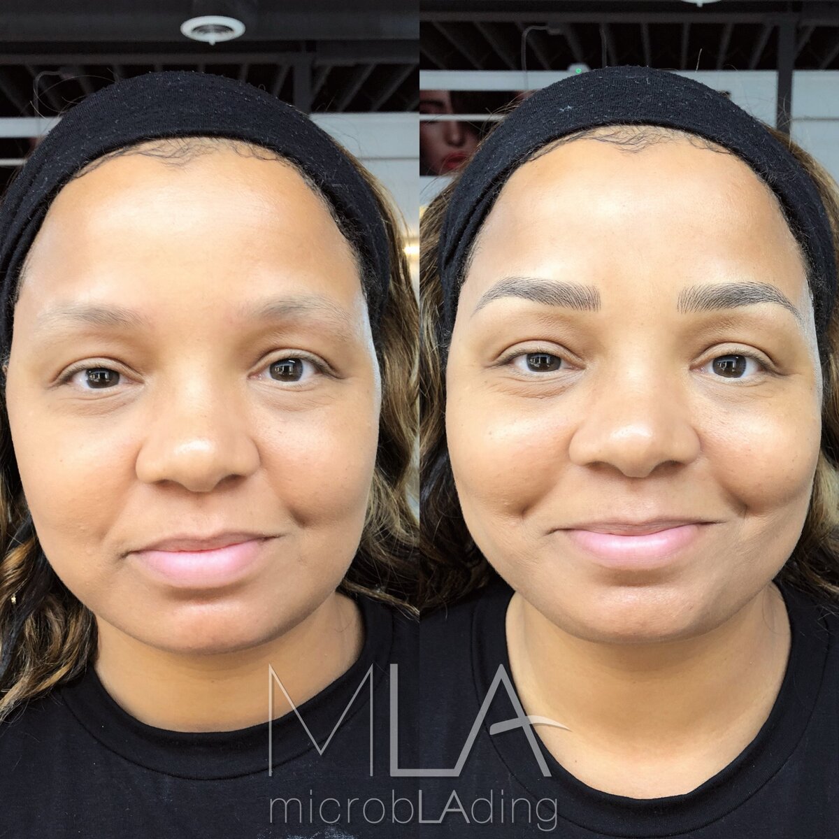 Nano brows before and after, front-facing: barely visible brows now soft, even dark strokes, Microblading LA in Los Angeles