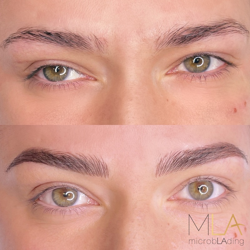 Nano brows before and after, close crop of both eyes: untidy brows made denser and more defined in brown, Microblading LA