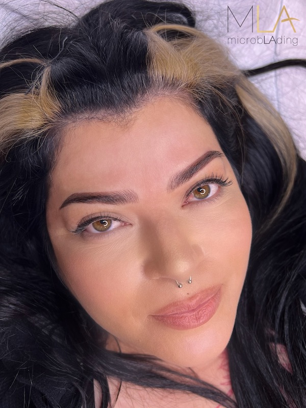 Nano brows results on a woman with black hair and blonde streaks: bold, defined dark brows, Microblading LA in Los Angeles