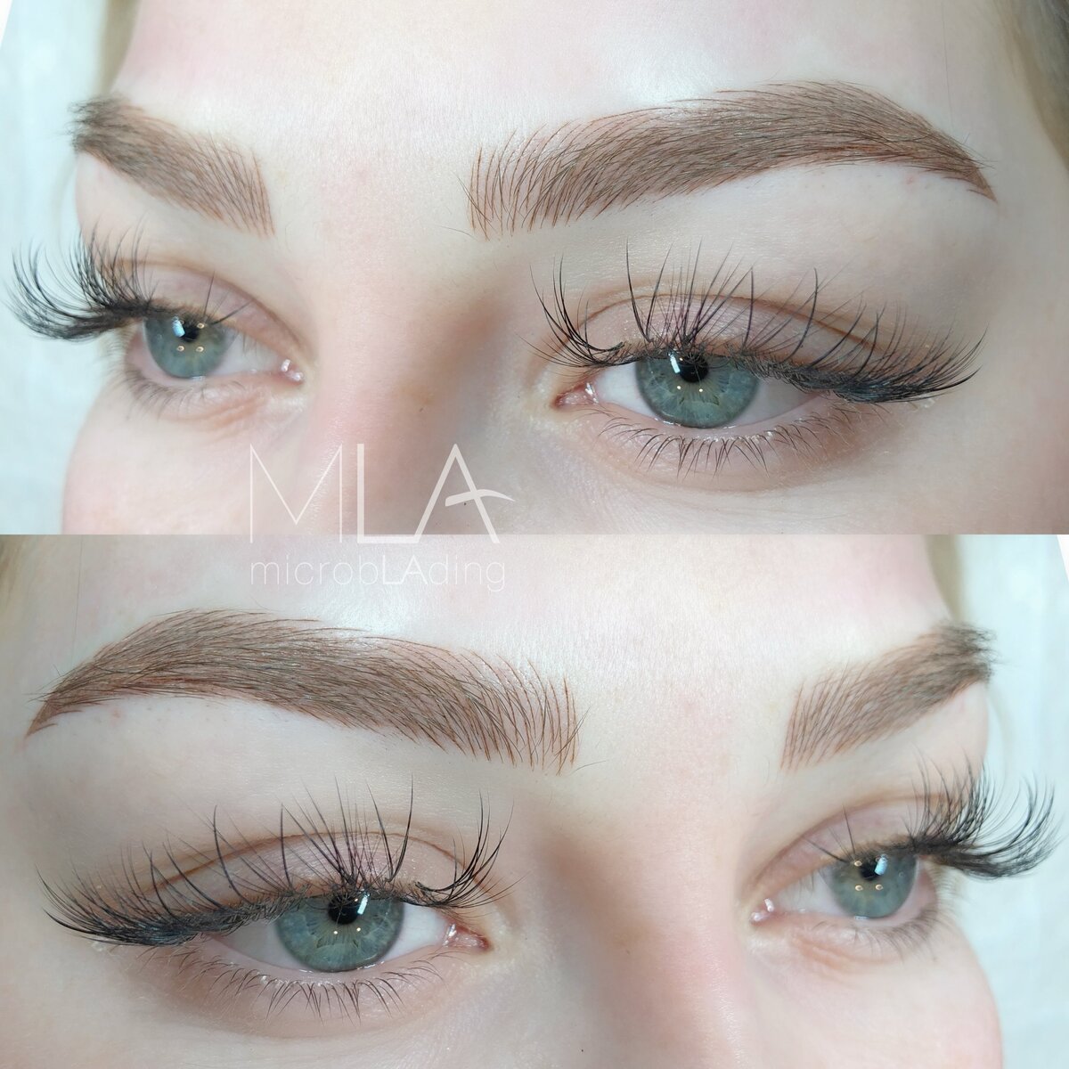 Nano brows results on fair skin with blue-green eyes: light brown hair strokes in a full, natural shape, Microblading LA