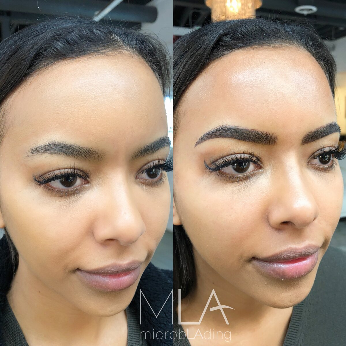 Nano brows before and after, dark-haired woman: thin brows turned thick and sculpted, at Microblading LA in Los Angeles