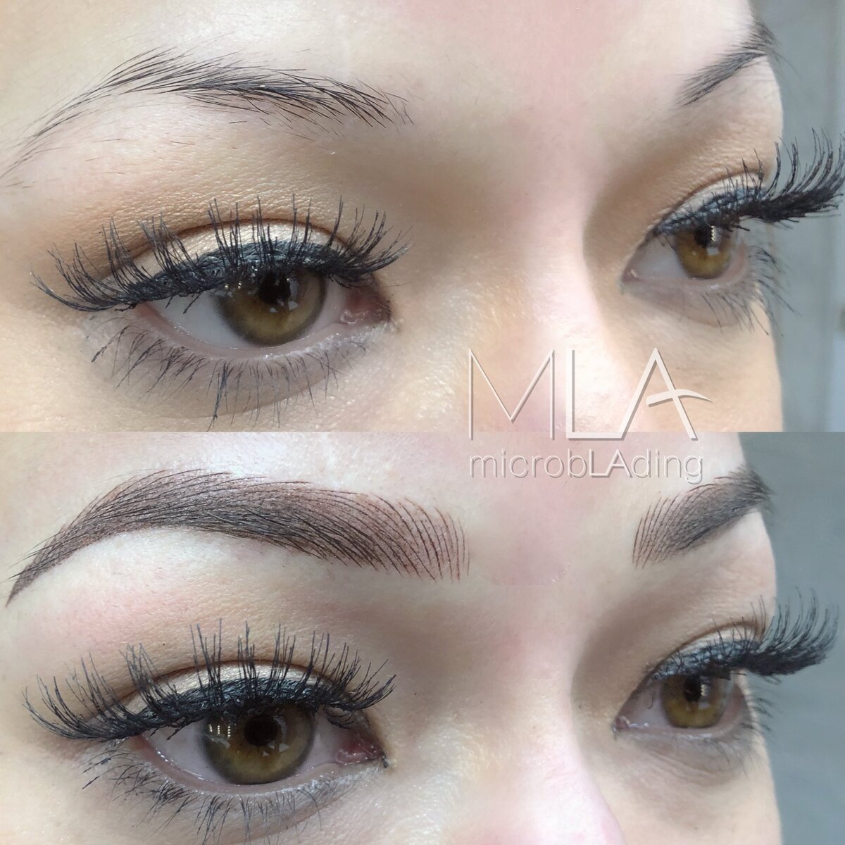 Nano brows before and after: thin, sparse brows made full and arched with fine dark strokes, Microblading LA in Los Angeles