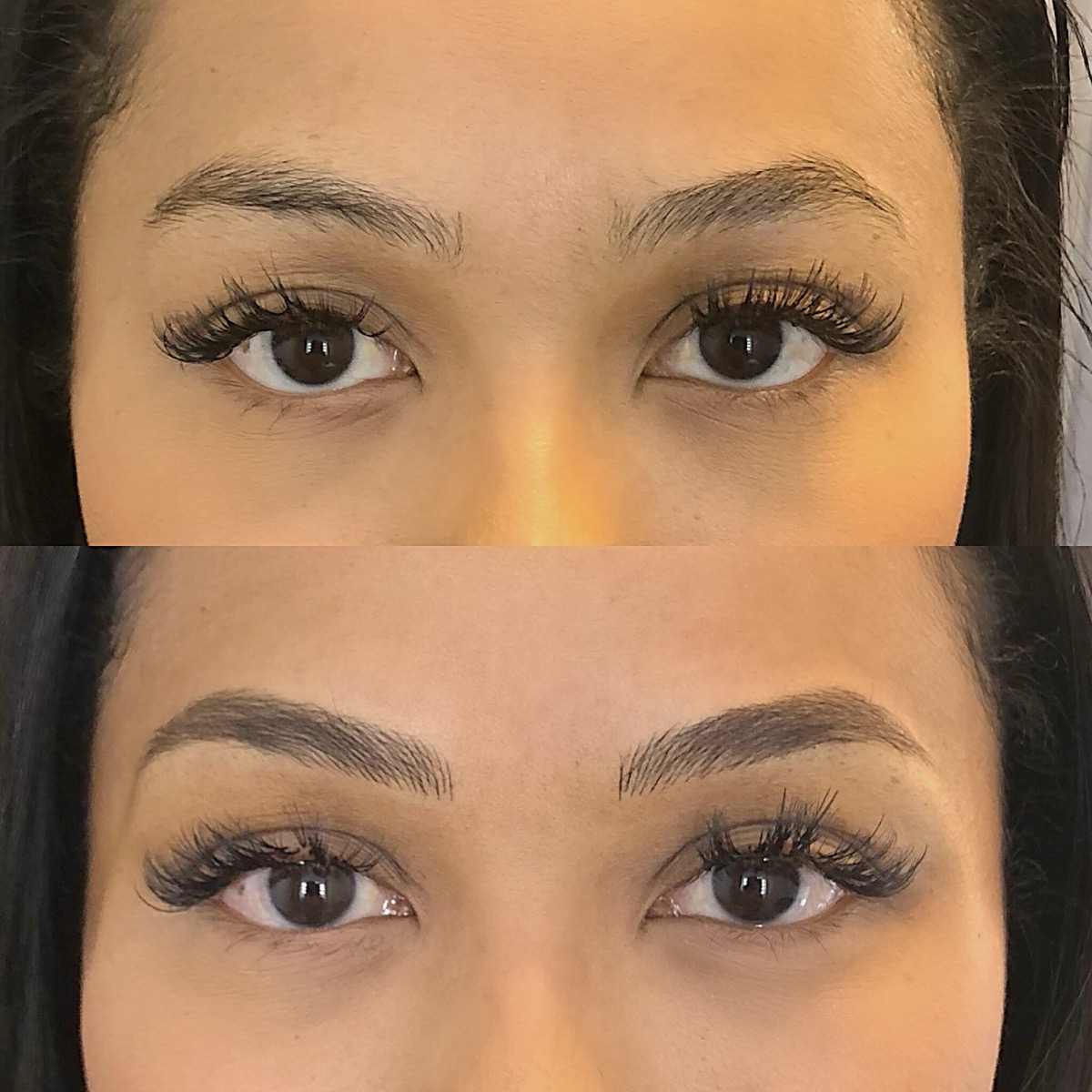 Nano brows before and after close-up: patchy, uneven brows filled in with dark brown strokes and an arch, Microblading LA