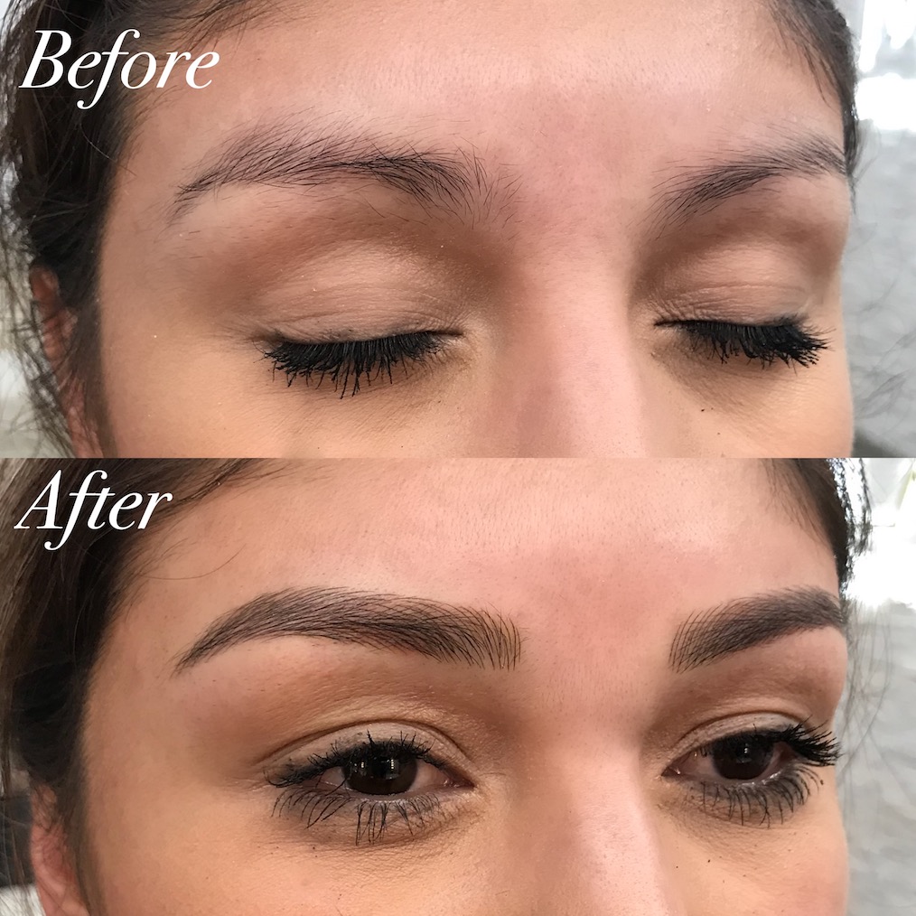 Nano brows before and after: faded, patchy brows rebuilt into full dark brown strokes, Microblading LA in Los Angeles