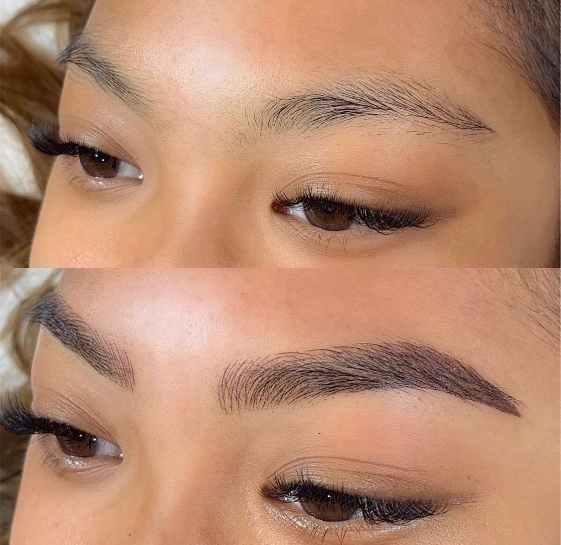 Nano brows before and after, short sparse brows extended into fuller hair strokes with a tapered tail, Microblading LA
