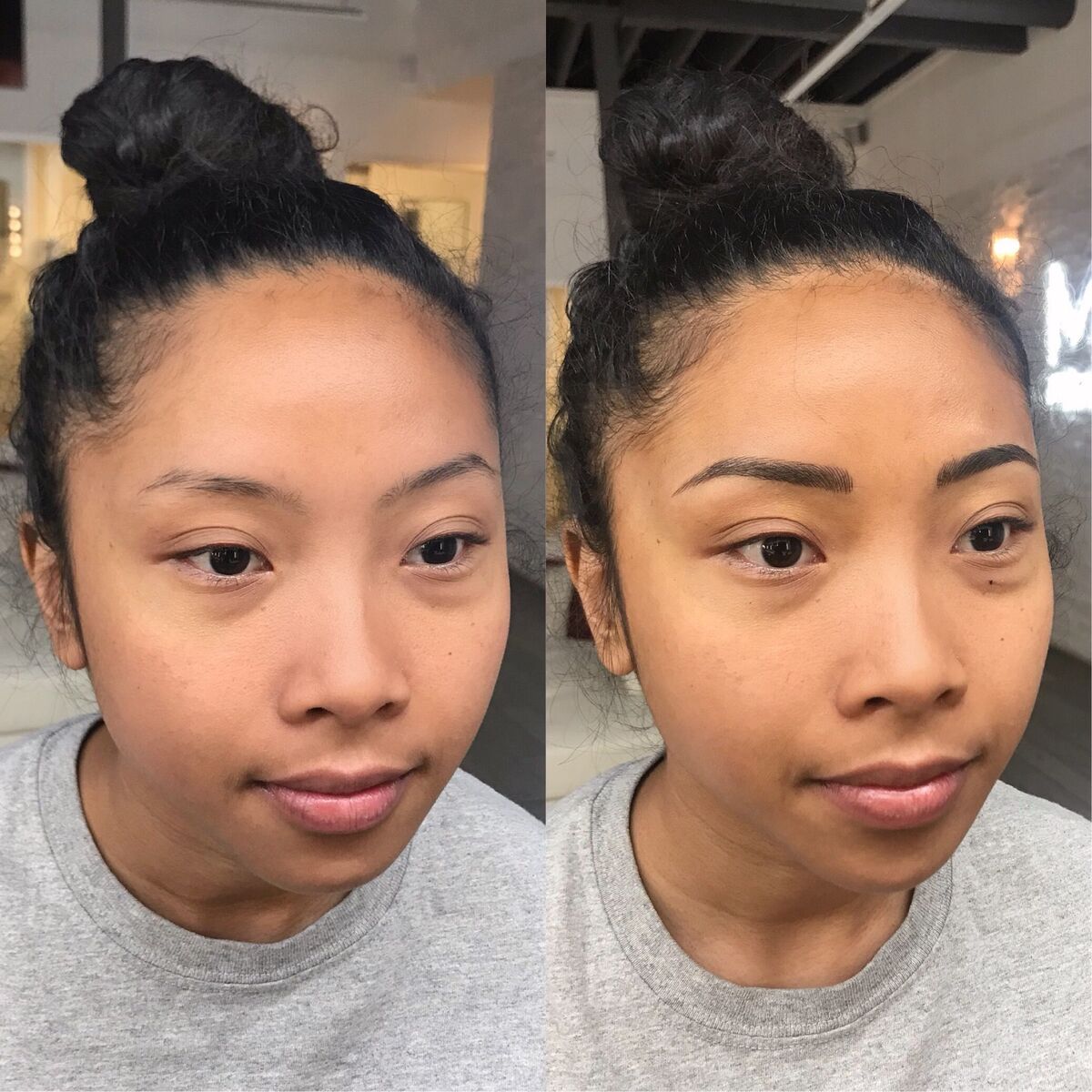 Nano brows before and after: barely-there brows turned into dark brown hair strokes with a lifted arch, Microblading LA