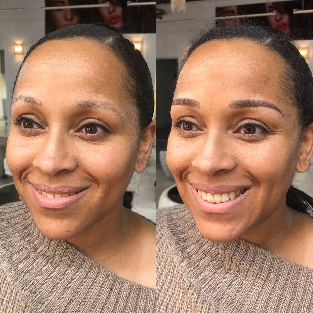Nano brows before and after on a smiling woman: faint, sparse brows defined with soft brown hair strokes, Microblading LA