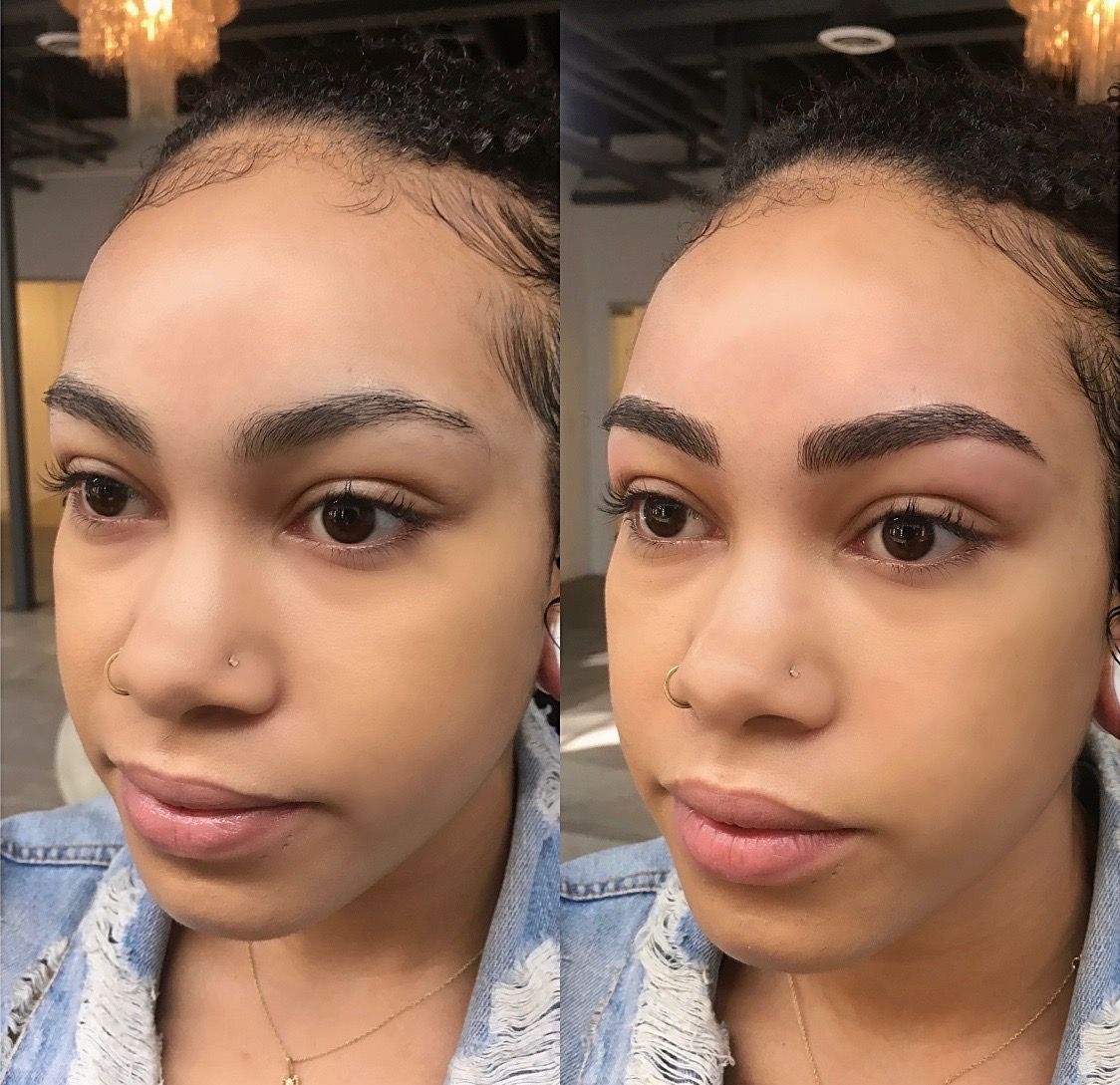 Nano brows before and after with curly dark hair: uneven brows made bold and dark brown at Microblading LA in Los Angeles