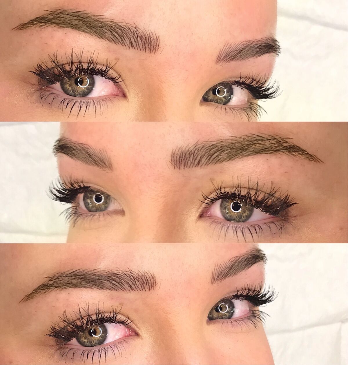 Nano brows results in three close-ups: soft taupe brown strokes in a straight, natural shape, Microblading LA in Los Angeles