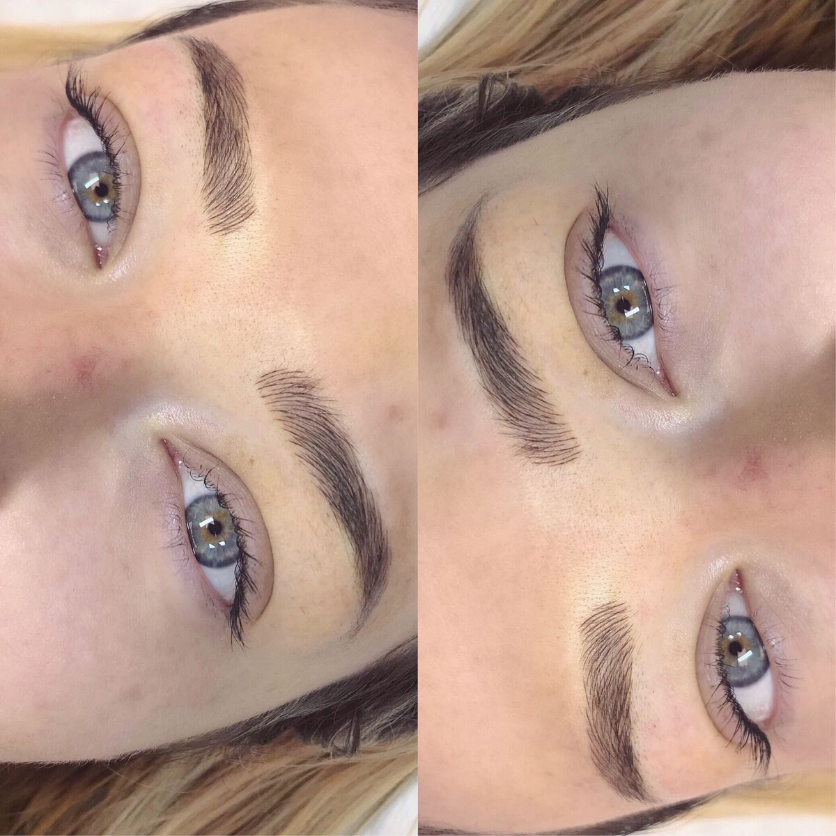 Nano brows results with blue eyes and blonde hair: dense dark brown hair strokes and a full, rounded arch at Microblading LA