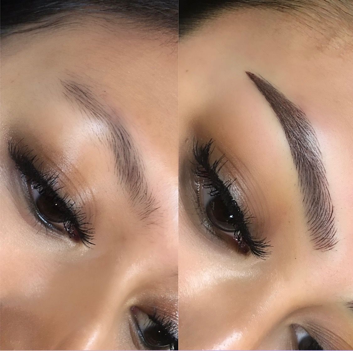 Combo brows before and after of a single brow: sparse, patchy hairs turned into a crisp dark brown arch, Microblading LA