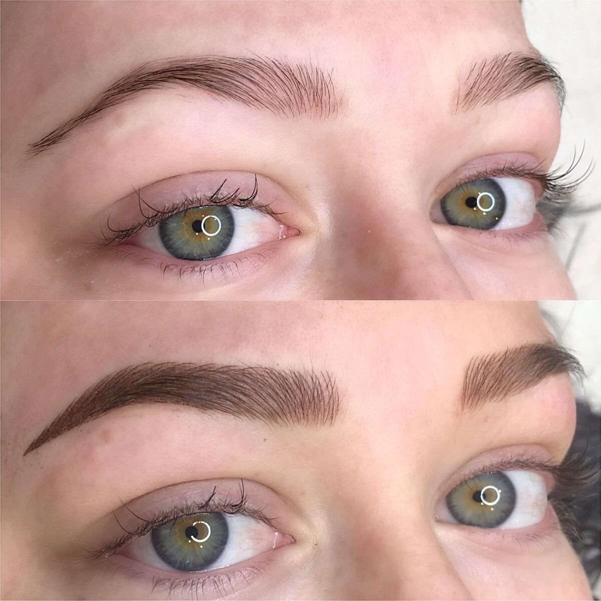 Combo brows before and after with green eyes: light natural brows made fuller with a longer soft brown tail, Microblading LA