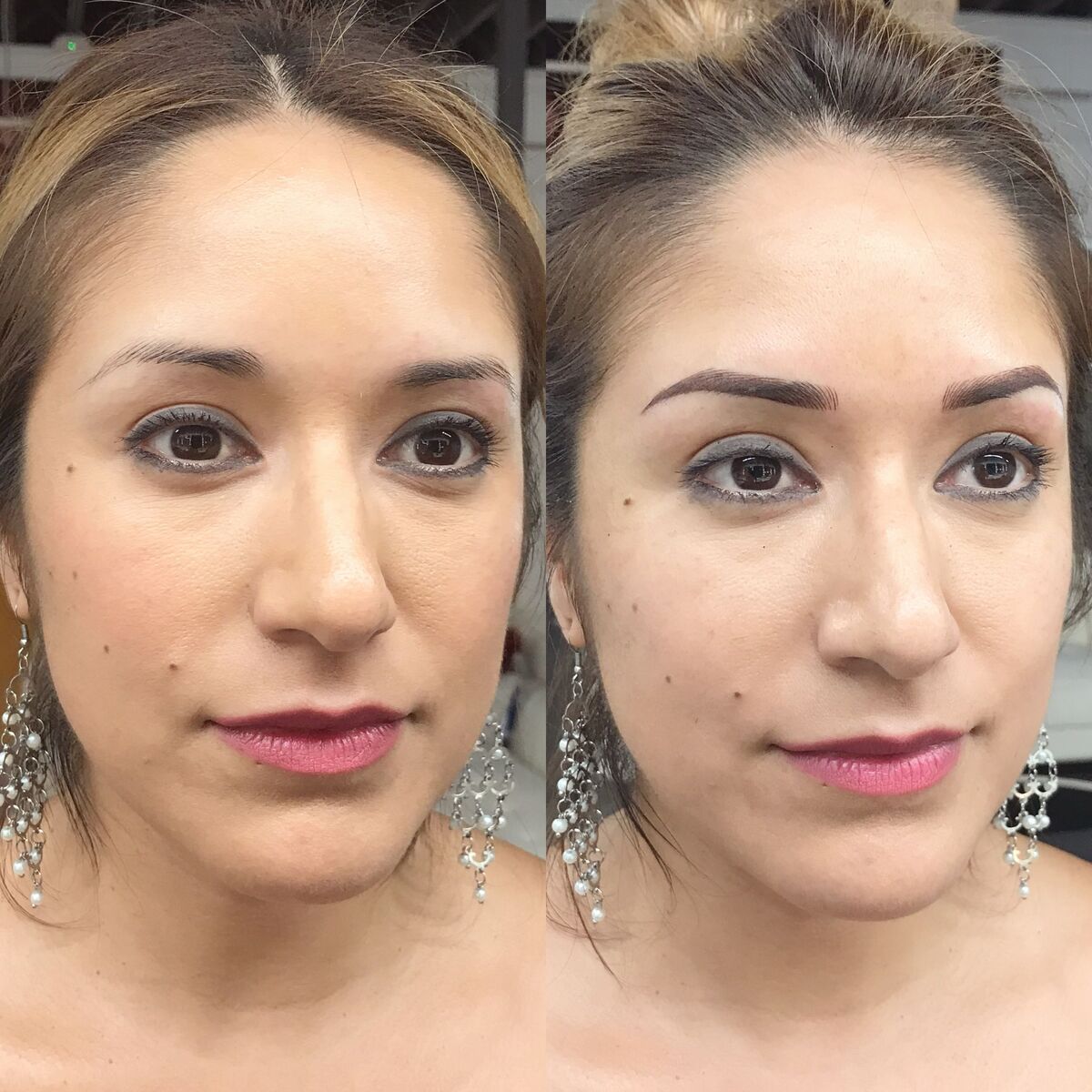 Combo brows before and after, chandelier earrings in both: thin, light brows turned into rich brown arches, Microblading LA