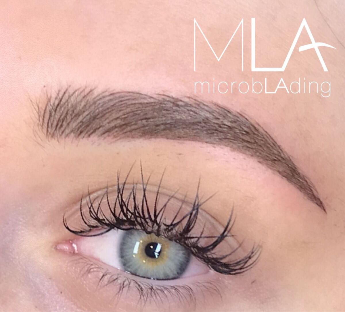 Combo brows single-brow close-up above a blue-green eye: soft taupe front strokes and a tapered tail, Microblading LA