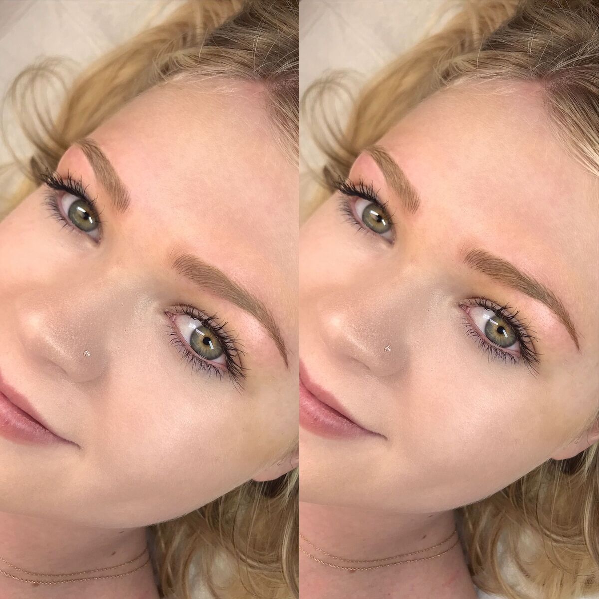 Combo brows results shown twice on a blonde woman with green eyes: soft light brown brows, gentle arch, Microblading LA