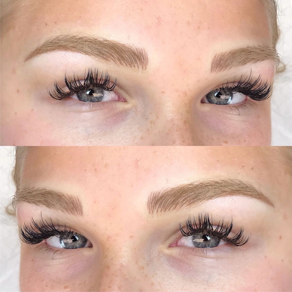 Combo brows results in two views on a freckled blonde woman: light brown hair-stroke brows with soft shading, Microblading LA