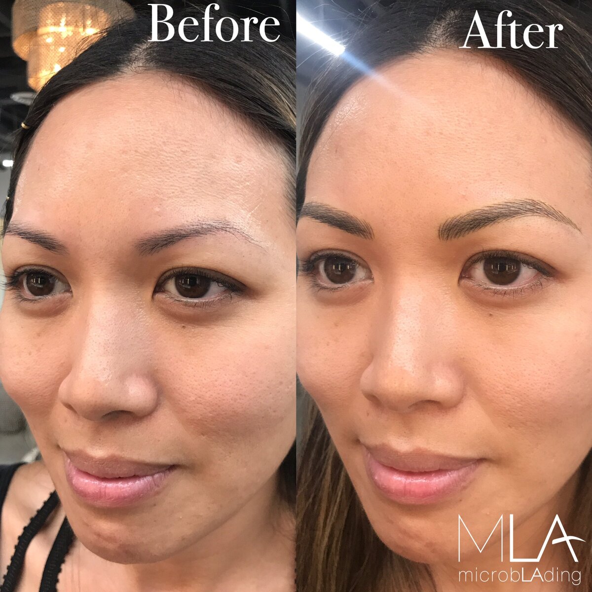 Nano brows before and after, labeled: thin, sparse brows made fuller with dark brown strokes, Microblading LA in Los Angeles